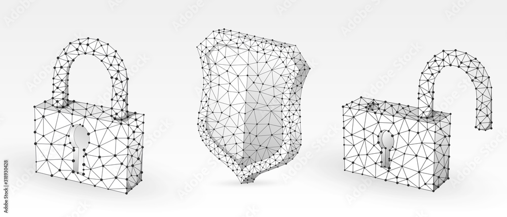 Lock, shield, unlock symbol abstract set. Low poly, wireframe, digital ...