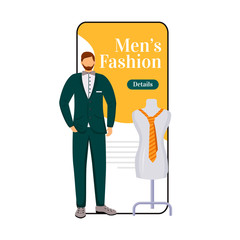 Man fashion cartoon smartphone vector app screen. Designing male outfits. Official style clothes. Mobile phone display with flat character design mockup. Fashion trends application telephone interface