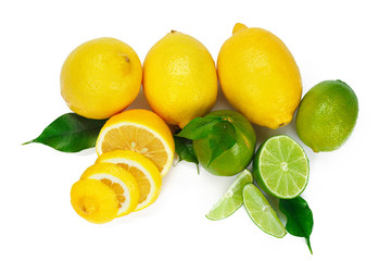 Wall Mural - Lemon and lime together isolated on white background