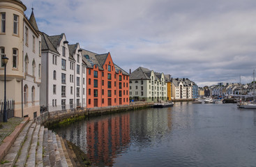 Wall Mural - Picturesque summer view of Alesund port town on the west coast of Norway, at the entrance to the Geirangerfjord. Colorful morning cityscape. Traveling concept background.