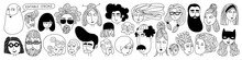 Hand Drawn Doodle Set Of People Faces. Perfect For Social Media, Avatars. Portraits Of Various Men And Women. Trendy Black And White Icons Collection. Vector Illustration. All Elements Are Isolated