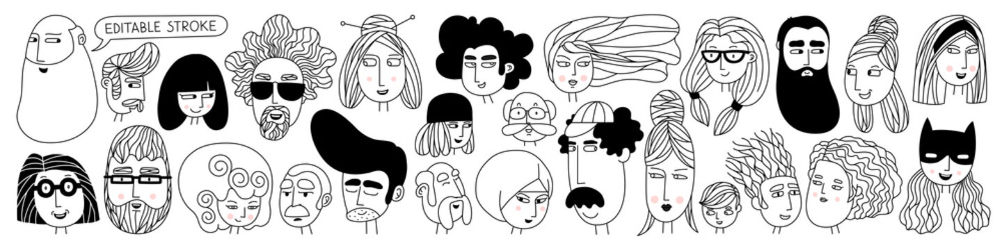 hand drawn doodle set of people faces. perfect for social media, avatars. portraits of various men a