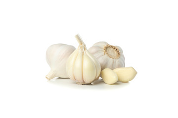 Wall Mural - Fresh garlic bulbs and slices isolated on white background