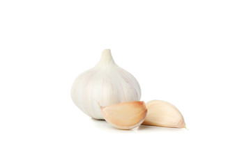 Wall Mural - Fresh garlic bulb and slices isolated on white background