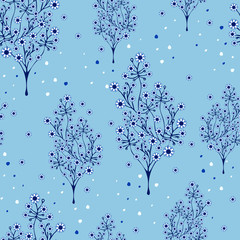 Sticker - Seamless vector pattern with blooming blue trees. Beautiful forest background.  Winter wallpaper design.