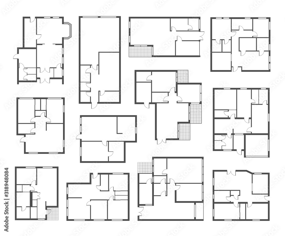 Apartment architectural plans flat vector illustrations set - obrazy, fototapety, plakaty 