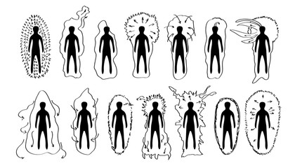 Vector hand drawn black and white versions of the human aura