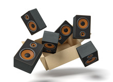 3d Rendering Of Cardboard Box In Air Full Of Black Audio Speakers Which Are Flying Out And Floating Outside.
