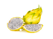 Whole And Half Cut Fresh Dragon Yellow Shell Fruit On White Background