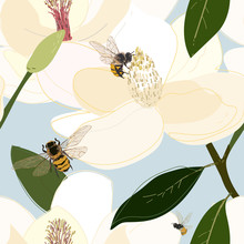 Bees Collect Nectar From The Core Of Large Flowers Seamless Vector Pattern