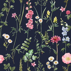 Canvas Print - Beautiful floral summer seamless pattern with watercolor hand drawn field wild flowers. Stock illustration.