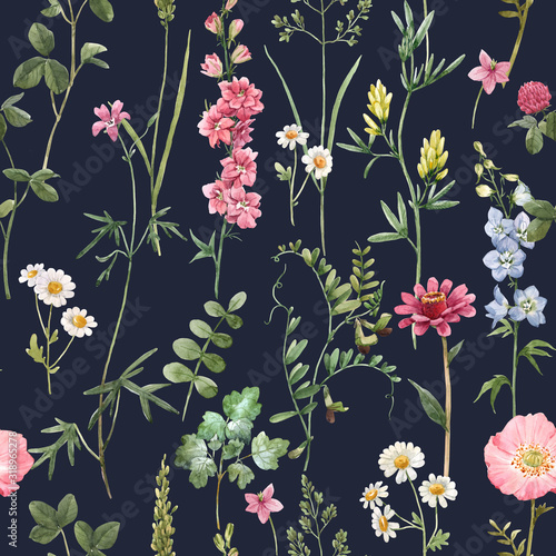Beautiful floral summer seamless pattern with watercolor hand drawn field wil...