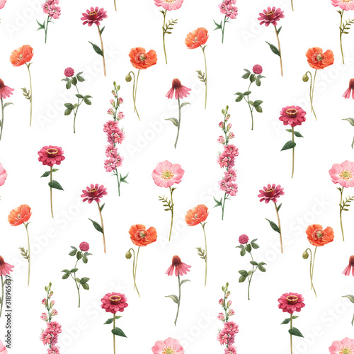 Beautiful floral summer seamless pattern with watercolor hand drawn field wil...