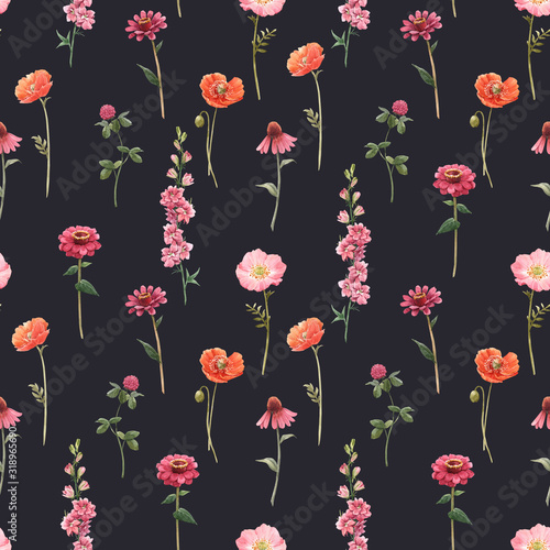 Beautiful floral summer seamless pattern with watercolor hand drawn field wil...