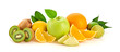 Fresh fruits healthy diet concept. Raw mixed vegan juicy food background, green apple, orange isolated on white. Variety of fresh citrus fruit for detox juice or smoothie.