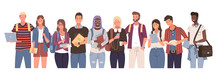 Multicultural Students Group, International People Vector. Different Nation Young Girls And Boys Holding Books And Laptop, Isolated Characters With Backpacks. Happy Teenagers In Casual Clothes, Youth