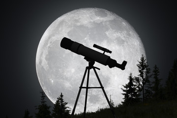Wall Mural - Silhouette of telescope and big moon in background. Astronomy and exploration of universe concept.