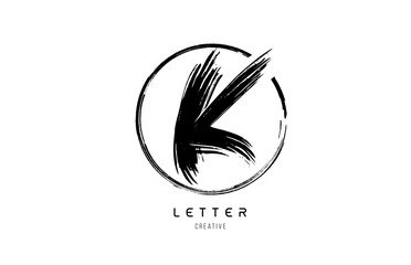 handwritten grunge K brush stroke letter alphabet logo icon design template in black and white for business