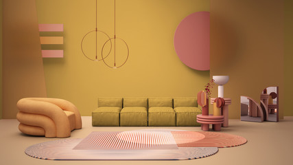 Yellow colored modern living room, pastel colors, sofa, armchair, carpet, coffee tables, frosted glass panels, copper pendant lamps. Interior design atmosphere, architecture idea