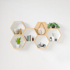 Wall Mural - Hexagon wooden shelf, Minimal Japanese style. copy space hexegon, copy space.