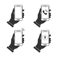 Wall Mural - Hand holds phone. Flat icon smartphones set. Vector illustration.