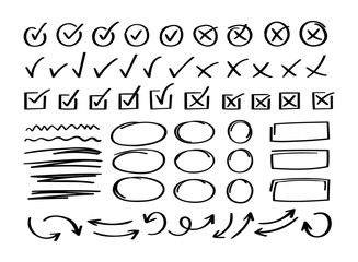 super set hand drawn check mark with different circle arrows and underlines. doodle v checklist mark