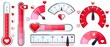 Love meter. Valentines Day card, love indicator with red hearts and love thermometer. Red heart meters vector set. Collection of analog attraction and passion scales, gauge for romance measurement.