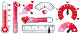 Fototapeta  - Love meter. Valentines Day card, love indicator with red hearts and love thermometer. Red heart meters vector set. Collection of analog attraction and passion scales, gauge for romance measurement.