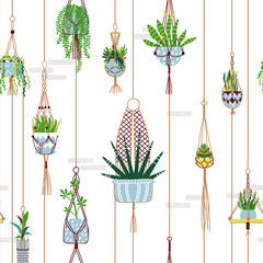 Green macrame house plant seamless pattern