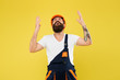 Finally. Engineered environment trend. Builder hard hat. Improvement and renovation. Brutal man builder. Bearded guy worker on yellow background. Engineer builder uniform. Home decor. Feel relief