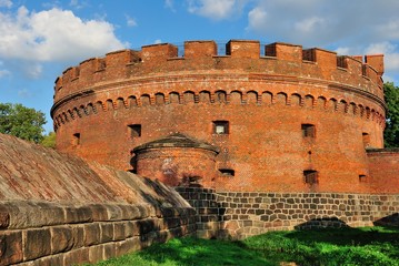 The red-brick Dohna Tower, on the southern shore of the Upper Pond dating from 1853 and served as a fortress to protect the adjacent Rossgarten Gate in Kaliningrad, Russia