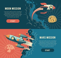 Wall Mural - rocket launch to the moon - space flyer in retro style. spaceship start mars mission - vintage banne