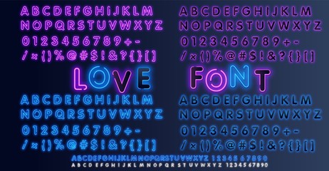 Wall Mural - Pink and Blue Neon Light Alphabet Vector Font. Type letters, numbers and punctuation marks. Neon tube letters on dark background