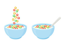 Cereal Breakfast, Healthy Food, Colorful Crisp Rings In Milk. Ceramic Bowl With Falling Sweet Flakes And Spoon. Vector Illustration