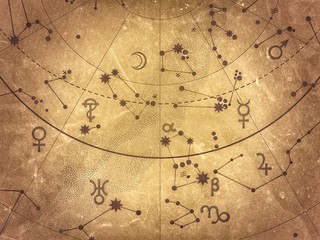 fragment of astronomical celestial atlas: stars, planets, heavens. (alternate grunge vintage remake: