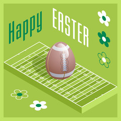 Wall Mural - Happy Easter. Greeting card with 3D Easter egg as a football ball and Isometric football field. Vector illustration.