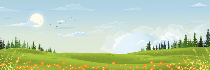 spring landscape with mountain, blue sky and clouds,panorama green fields, fresh and peaceful rural 