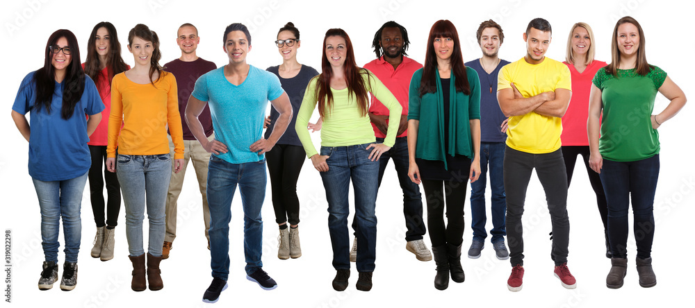 Multicultural group of young people smiling happy full body standing isolated - obrazy, fototapety, plakaty 