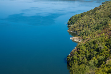 Wall Mural - top view aerial landscape sea side forest edge waterfront coast line blue water surface and green foliage scenery from above in summer time with copy space for your text here