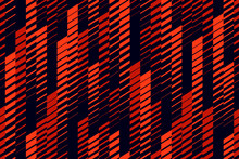 Vector Abstract Geometric Seamless Pattern With Vertical Lines, Tracks, Halftone Stripes. Extreme Sport Style, Urban Art Texture. Trendy Background In Bright Colors, Neon Red, Lush Lava, Black