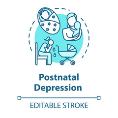 Sticker - Postnatal depression concept icon. Postpartum depression. PPD. Stressed young mother. Mood disorder idea thin line illustration. Vector isolated outline RGB color drawing. Editable stroke