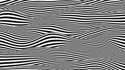 Trendy 3D black and white stripes distorted backdrop. Abstract noise landscape. Procedural ripple background with optical illusion effect.