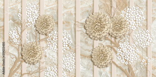 Tapeta ścienna na wymiar 3d illustration, beige marble background, vertical stripes, jewelry flowers.