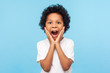 © khosrork - Oh my god, wow! Portrait of funny amazed preschool boy looking at camera with shocked astonished expression and keeping hands on face, screaming in surprise. studio shot isolated on blue background