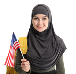 Sticker - Female Muslim student with USA flag on white background