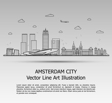 Line Art Vector Illustration Of Modern Amsterdam City With Skyscrapers. Flat Line Graphic. Typographic Style Banner. The Most Famous Buildings Cityscape On Gray Background.