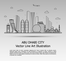 Wall Mural - Line Art Vector Illustration of Modern Abu Dhabi City with Skyscrapers. Flat Line Graphic. Typographic Style Banner. The Most Famous Buildings Cityscape on Gray Background. 