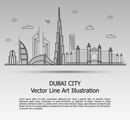 Wall Mural - Line Art Vector Illustration of Modern Dubai City with Skyscrapers. Flat Line Graphic. Typographic Style Banner. The Most Famous Buildings Cityscape on Gray Background.