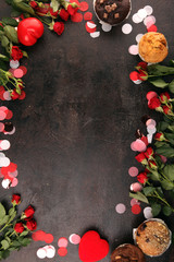 chocolate muffins, blueberry muffin and nut muffins on dark background for Valentine's day. tinting. selective focus