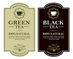 Poster - collection of green and black tea labels with leaves and cup